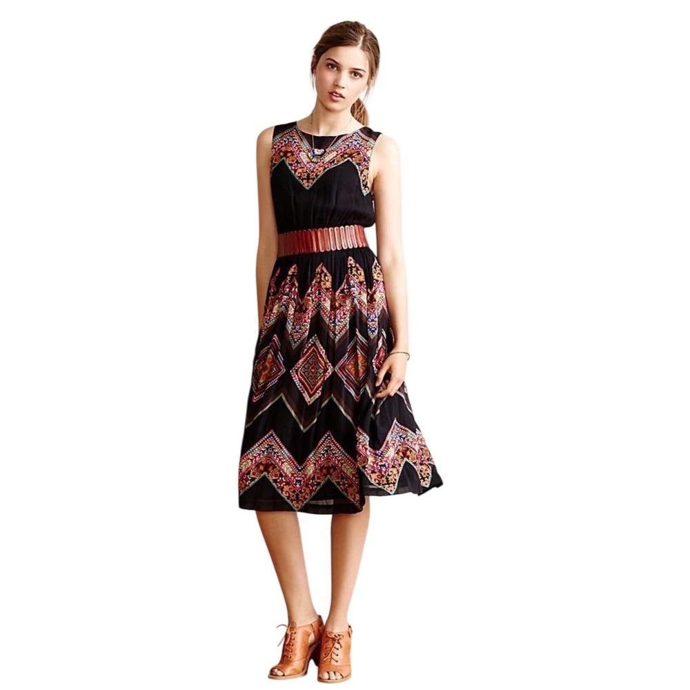 Tanvi Kedia Anthropologie Black Geometric Chevron Diamond Midi Dress Womens 12